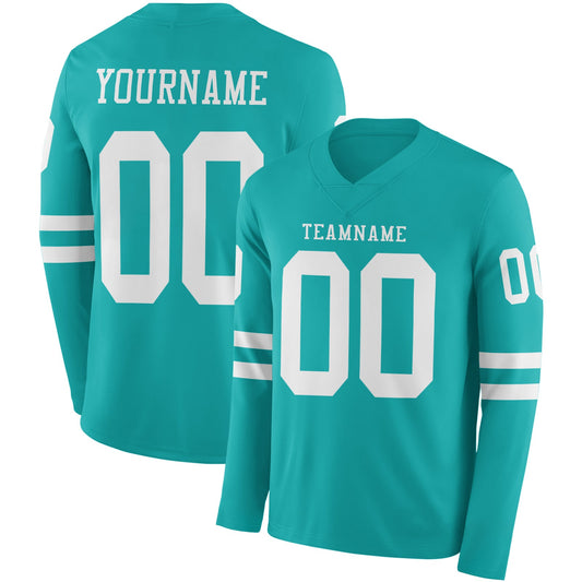 Custom Aqua White Long Sleeve Authentic Football Jersey - Main View