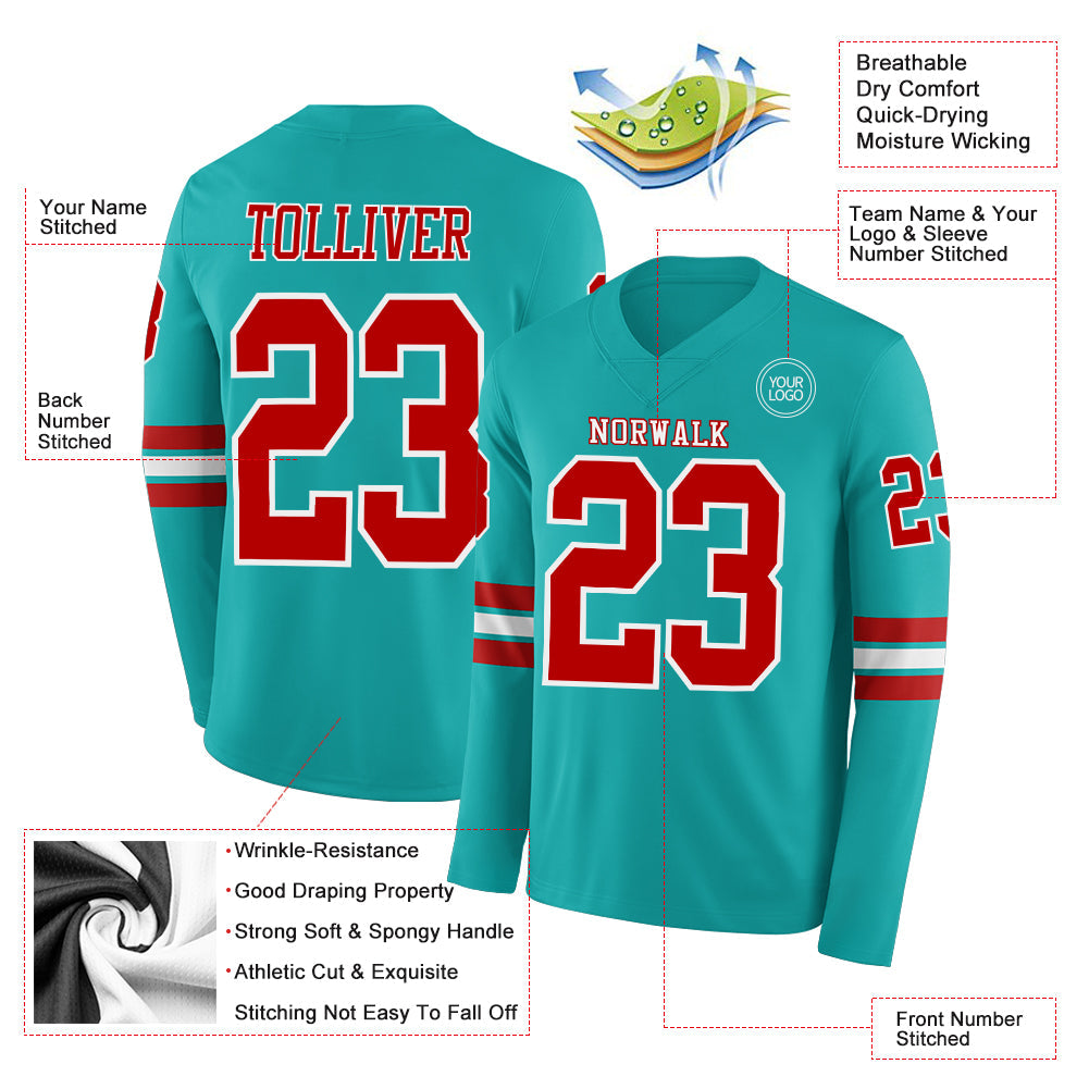 Custom Aqua Red-White Long Sleeve Authentic Football Jersey view 2