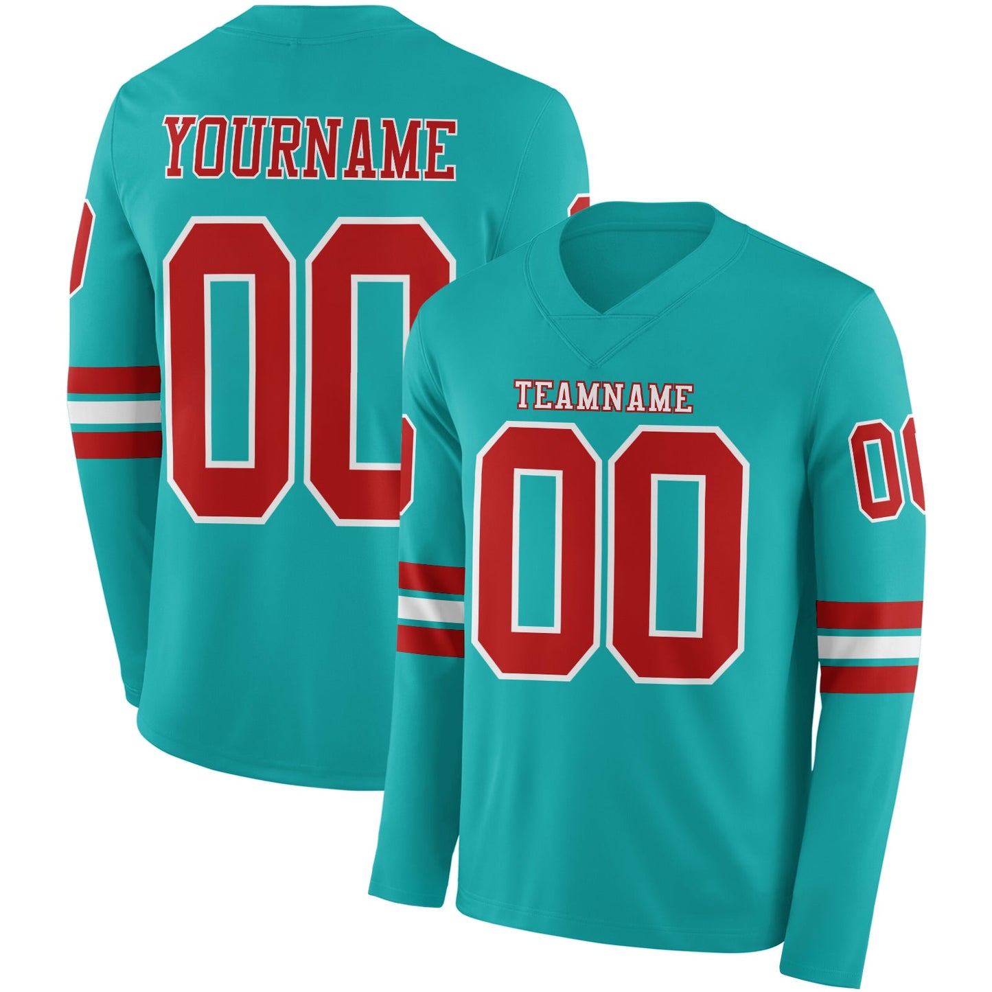 Custom Aqua Red-White Long Sleeve Authentic Football Jersey - Main View