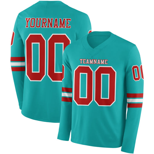 Custom Aqua Red-White Long Sleeve Authentic Football Jersey - Main View
