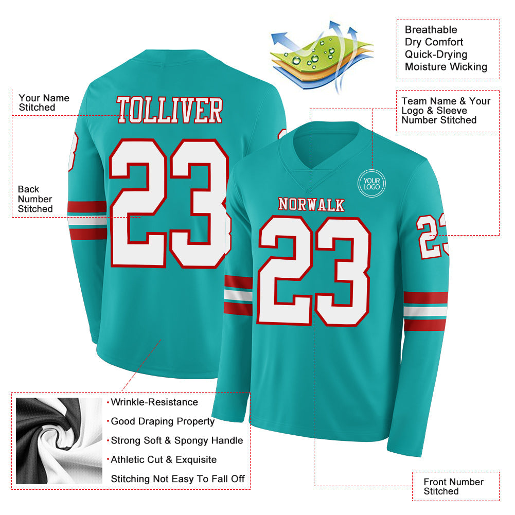 Custom Aqua White-Red Long Sleeve Authentic Football Jersey view 2