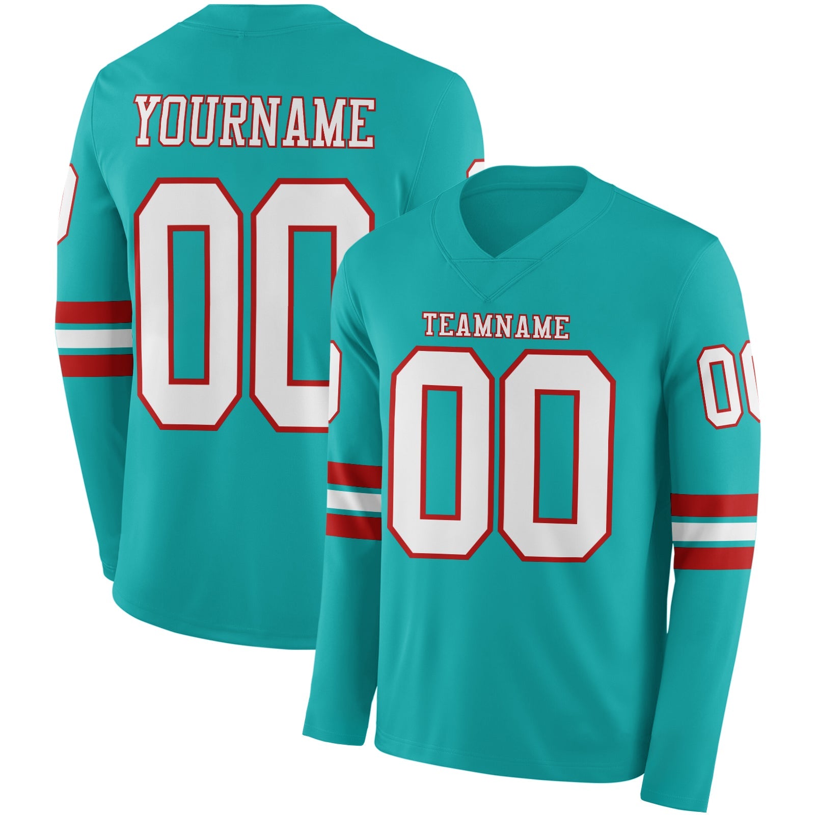 Custom Aqua White-Red Long Sleeve Authentic Football Jersey - Main View