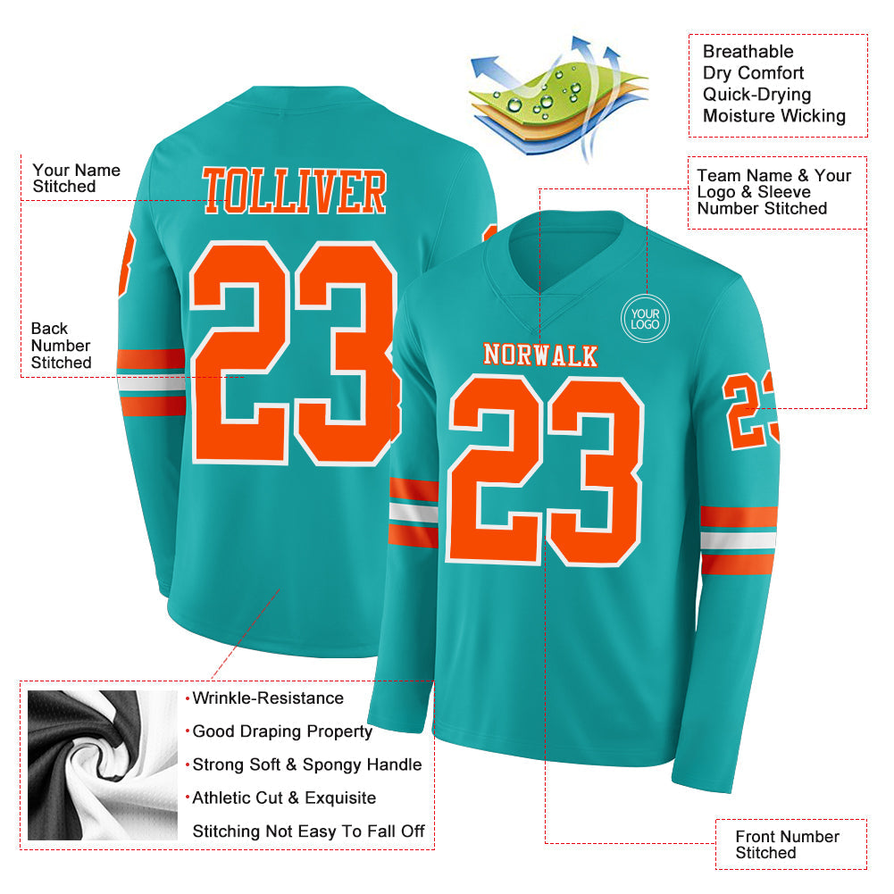 Custom Aqua Orange-White Long Sleeve Authentic Football Jersey view 2