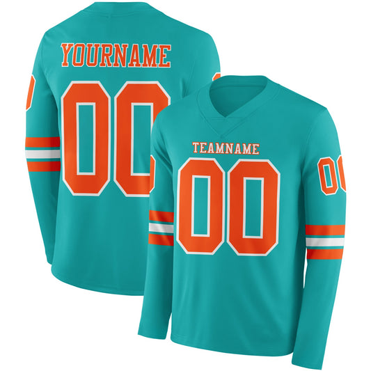 Custom Aqua Orange-White Long Sleeve Authentic Football Jersey - Main View