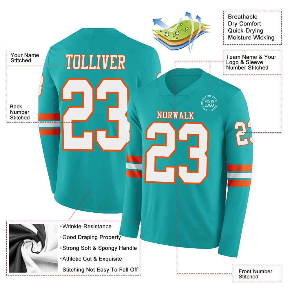 Custom Aqua White-Orange Long Sleeve Authentic Football Jersey view 2