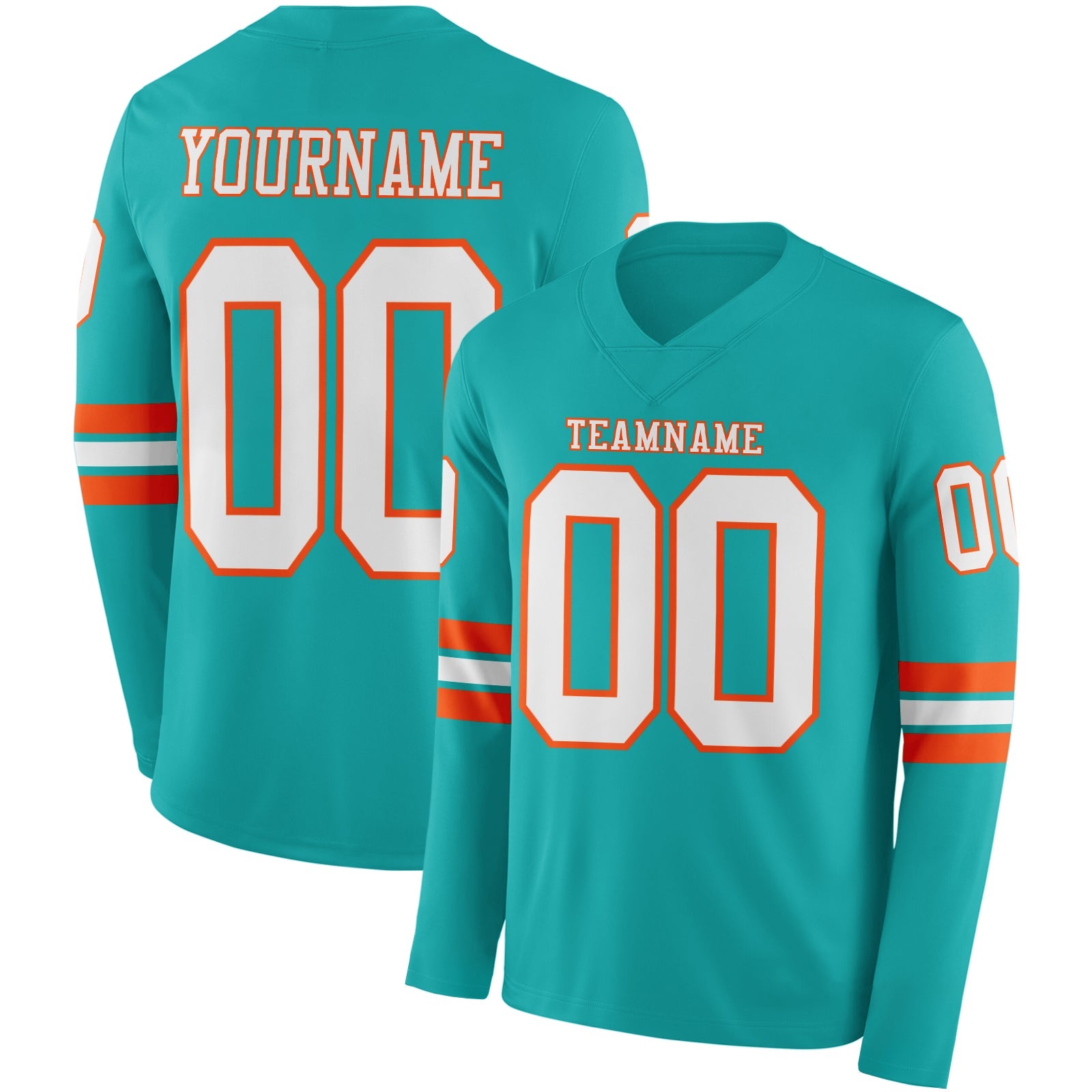 Custom Aqua White-Orange Long Sleeve Authentic Football Jersey - Main View