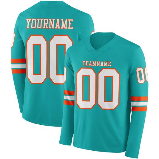 Custom Aqua White-Orange Long Sleeve Authentic Football Jersey - Main View