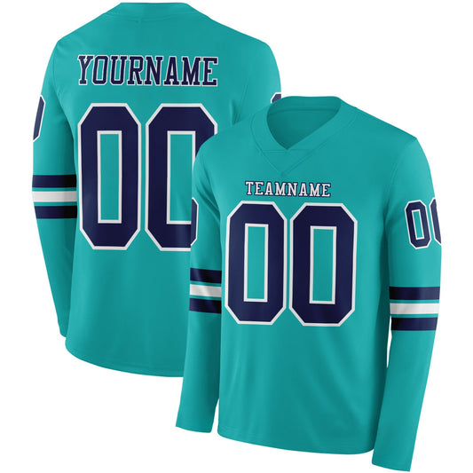 Custom Aqua Navy-White Long Sleeve Authentic Football Jersey - Main View