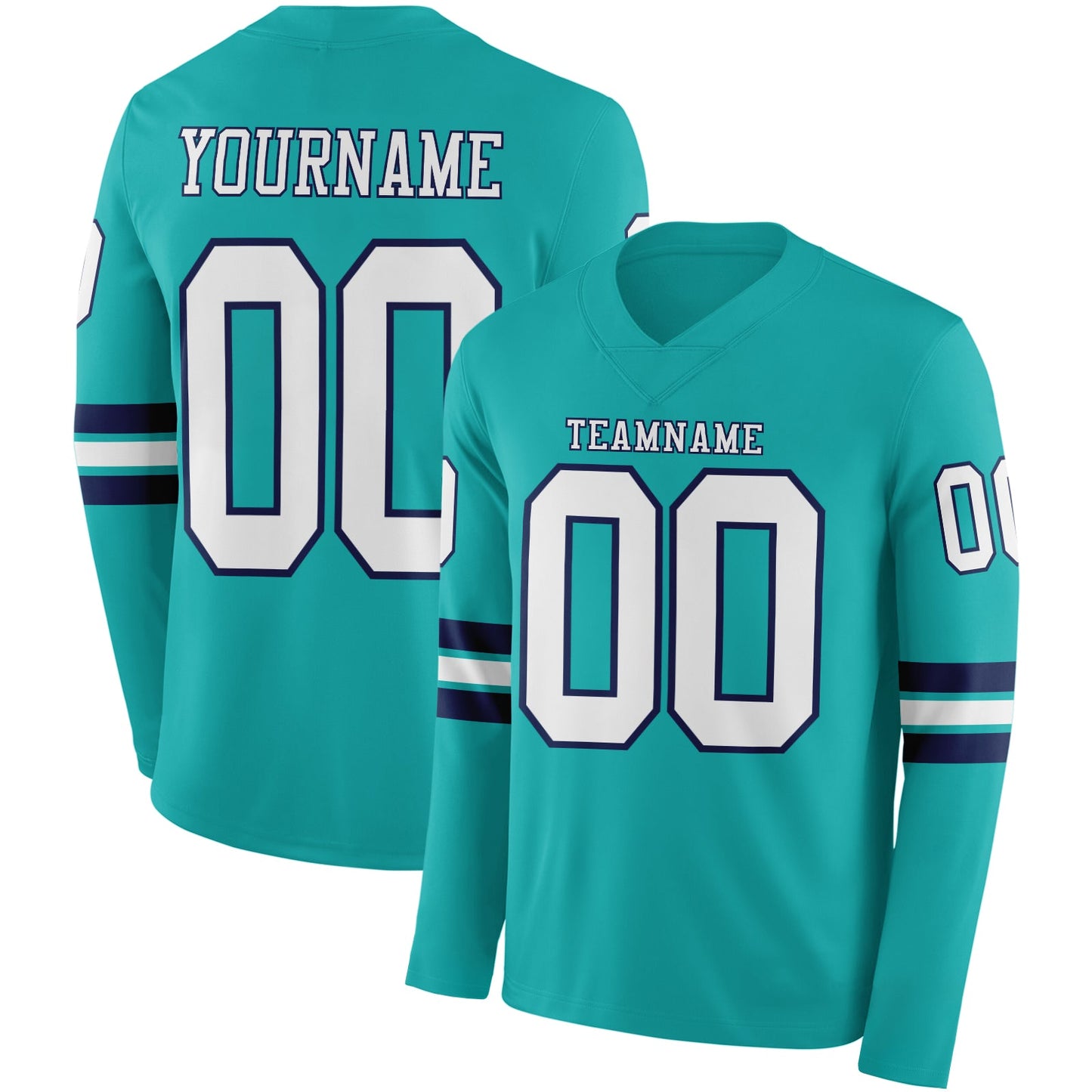 Custom Aqua White-Navy Long Sleeve Authentic Football Jersey - Main View