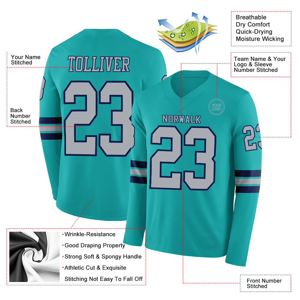 Custom Aqua Gray-Navy Long Sleeve Authentic Football Jersey view 2