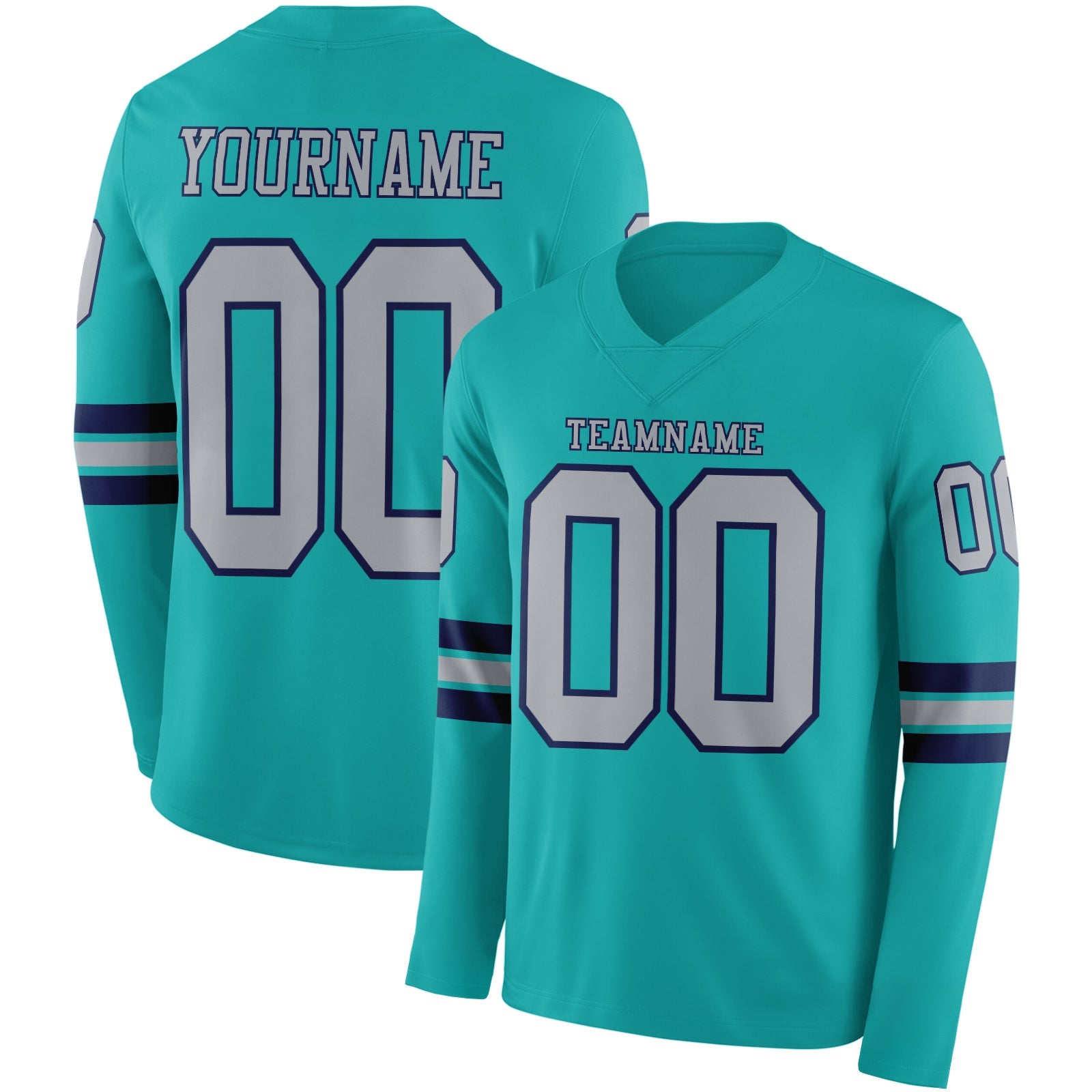 Custom Aqua Gray-Navy Long Sleeve Authentic Football Jersey - Main View