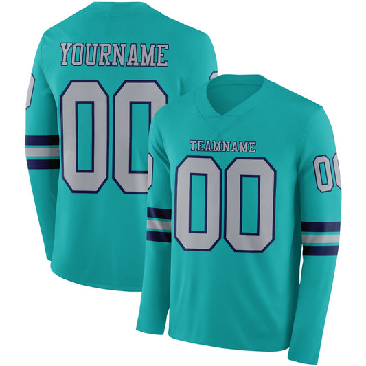 Custom Aqua Gray-Navy Long Sleeve Authentic Football Jersey - Main View