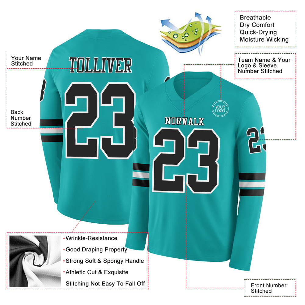Custom Aqua Black-White Long Sleeve Authentic Football Jersey view 2
