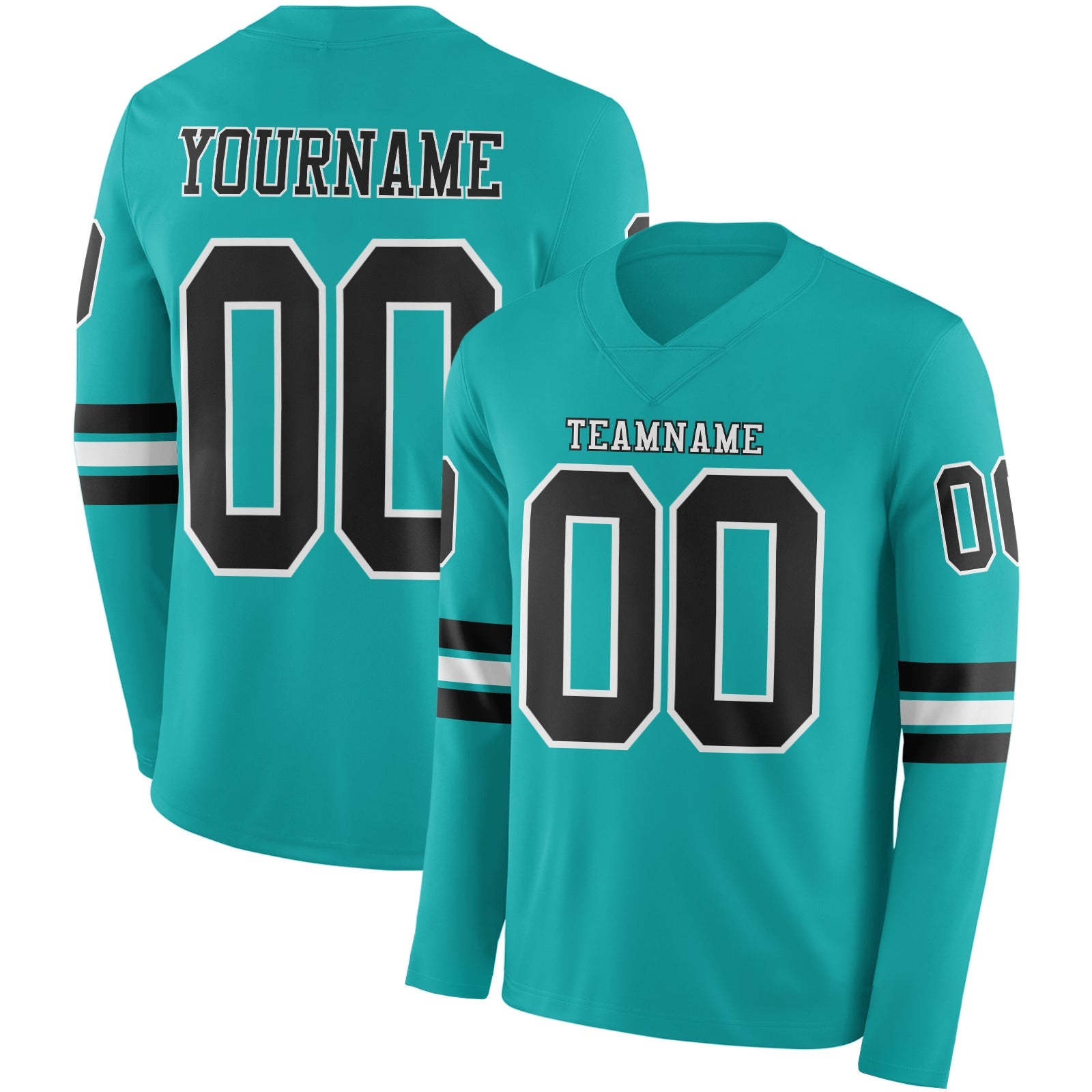 Custom Aqua Black-White Long Sleeve Authentic Football Jersey - Main View