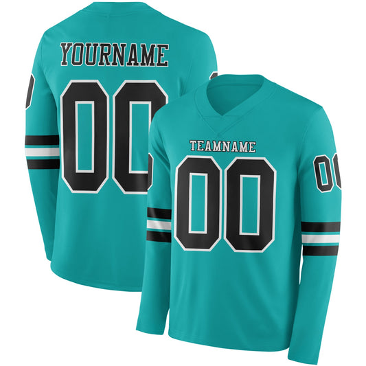 Custom Aqua Black-White Long Sleeve Authentic Football Jersey - Main View