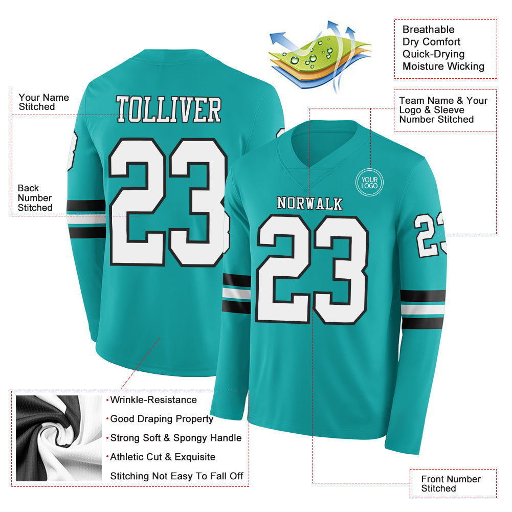 Custom Aqua White-Black Long Sleeve Authentic Football Jersey view 2