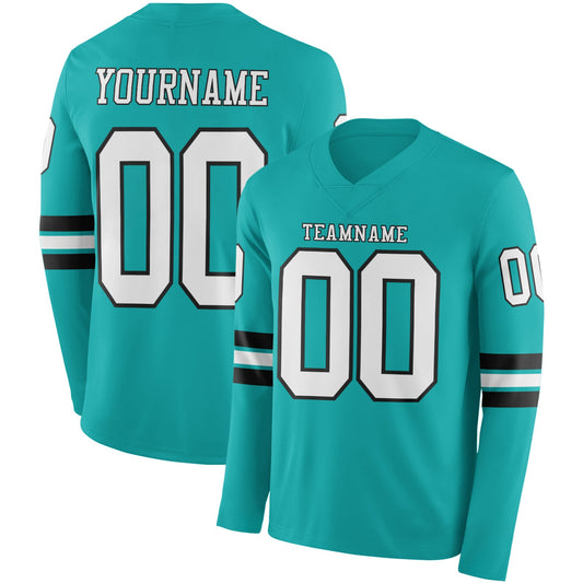 Custom Aqua White-Black Long Sleeve Authentic Football Jersey - Main View