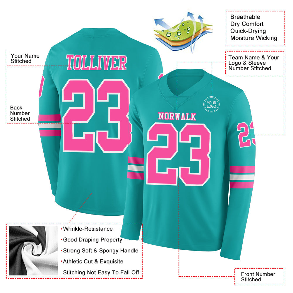 Custom Aqua Pink-White Long Sleeve Authentic Football Jersey view 2