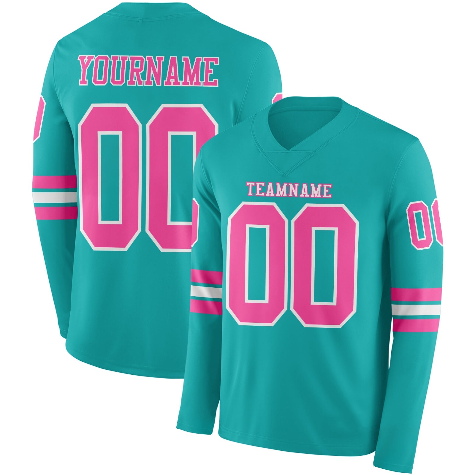 Custom Aqua Pink-White Long Sleeve Authentic Football Jersey - Main View