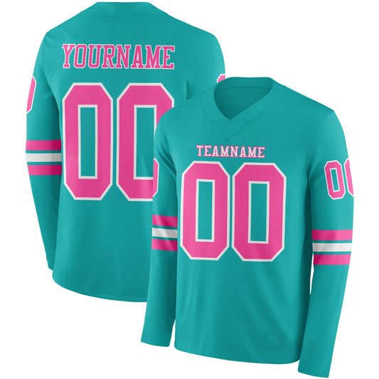 Custom Aqua Pink-White Long Sleeve Authentic Football Jersey - Main View