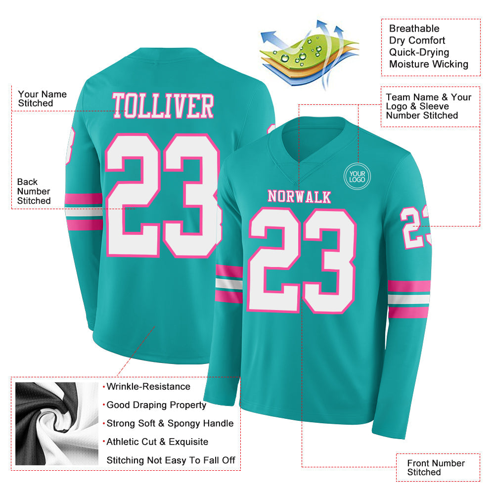 Custom Aqua White-Pink Long Sleeve Authentic Football Jersey view 2