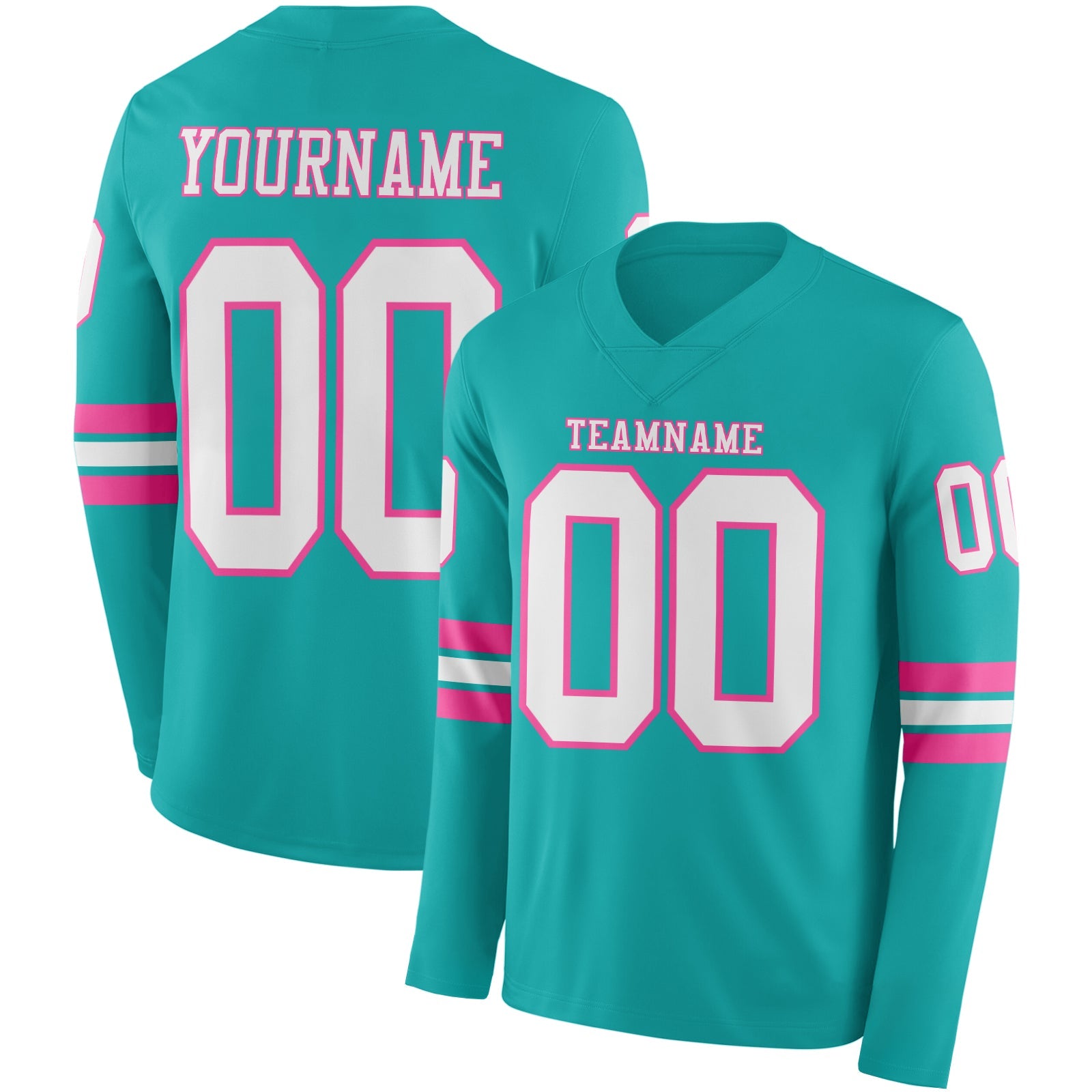 Custom Aqua White-Pink Long Sleeve Authentic Football Jersey - Main View