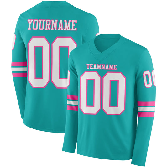 Custom Aqua White-Pink Long Sleeve Authentic Football Jersey - Main View