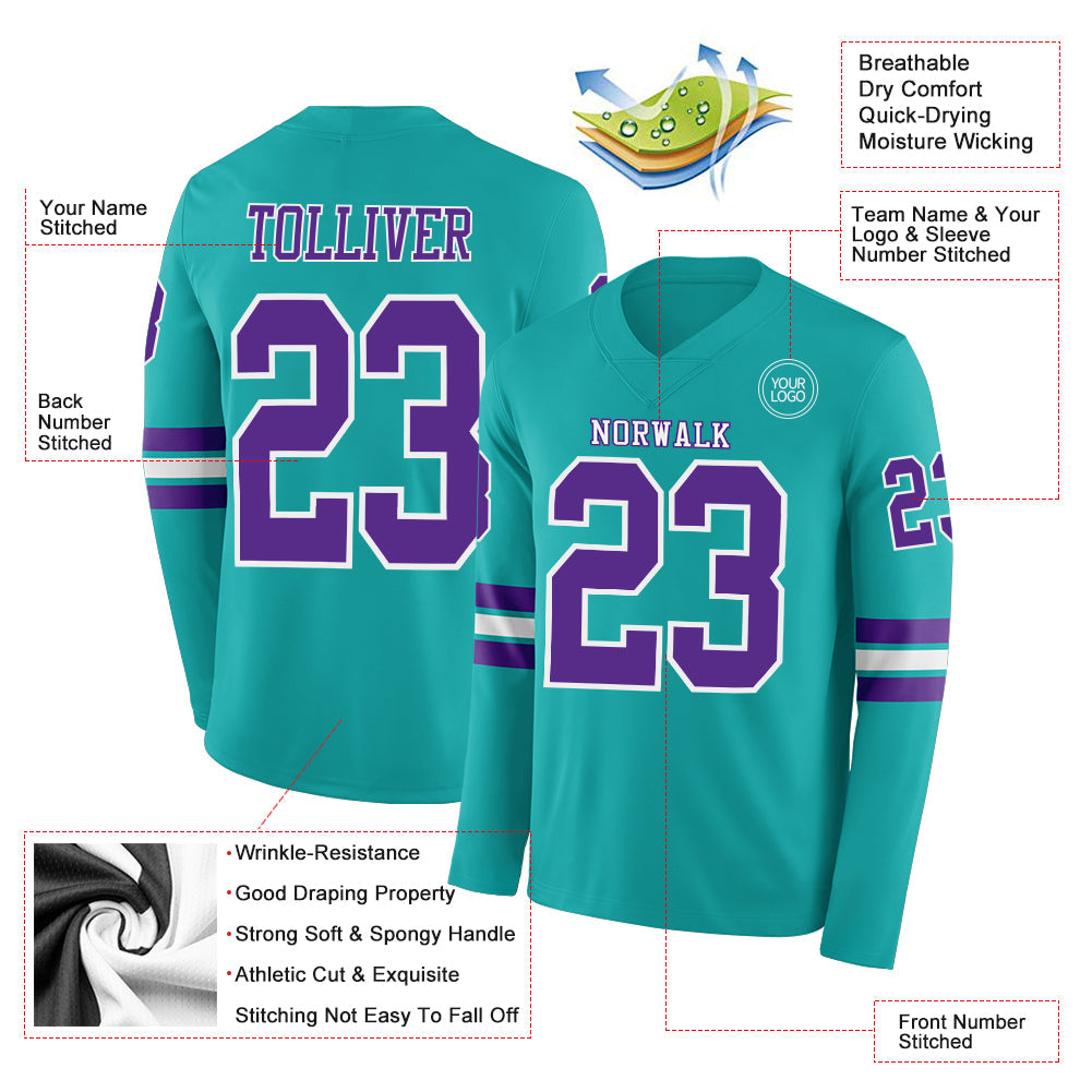 Custom Aqua Purple-White Long Sleeve Authentic Football Jersey view 2
