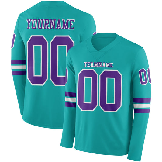 Custom Aqua Purple-White Long Sleeve Authentic Football Jersey - Main View