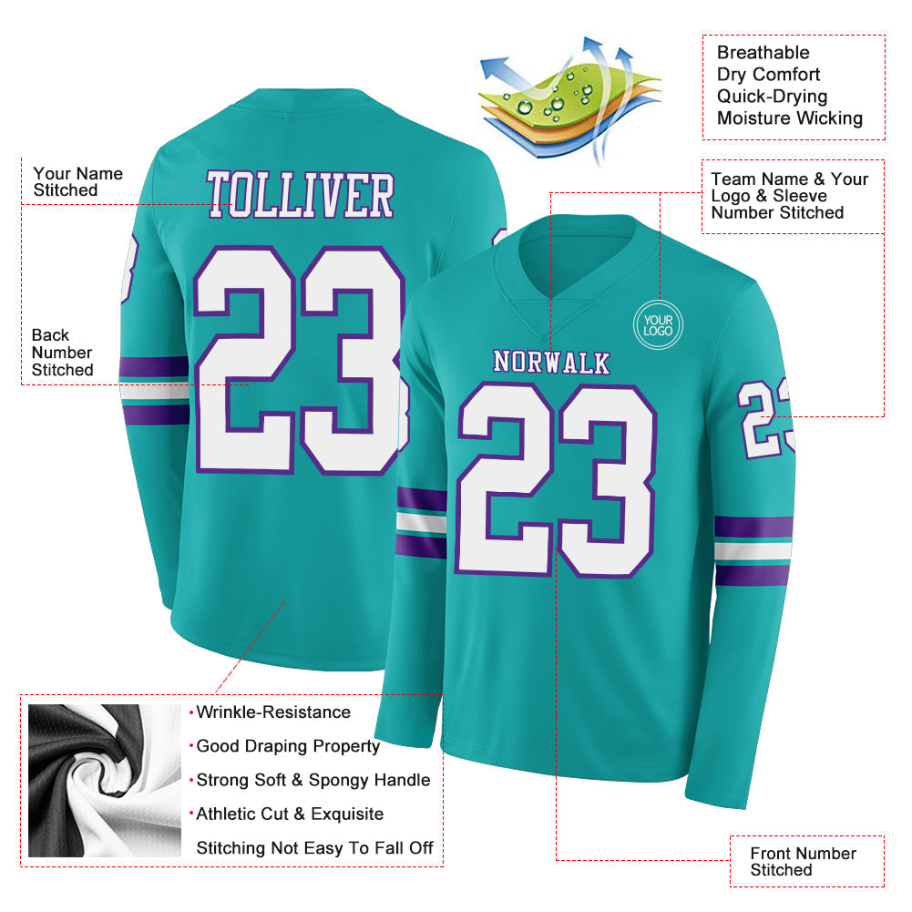 Custom Aqua White-Purple Long Sleeve Authentic Football Jersey view 2