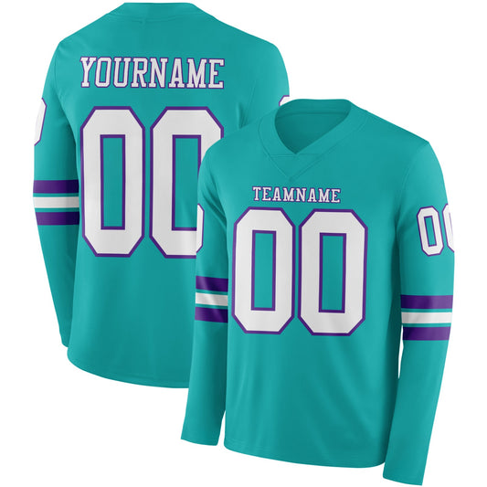 Custom Aqua White-Purple Long Sleeve Authentic Football Jersey - Main View