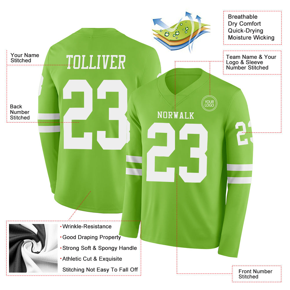Custom Neon Green White Long Sleeve Authentic Football Jersey view 2