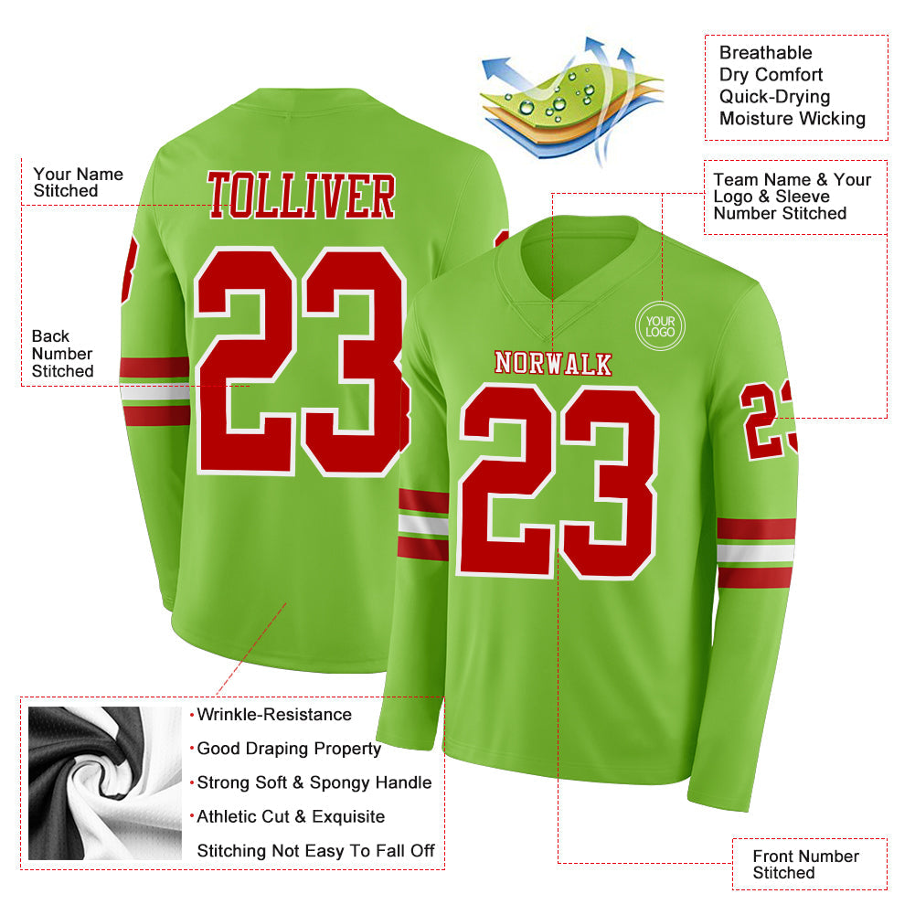 Custom Neon Green Red-White Long Sleeve Authentic Football Jersey view 2