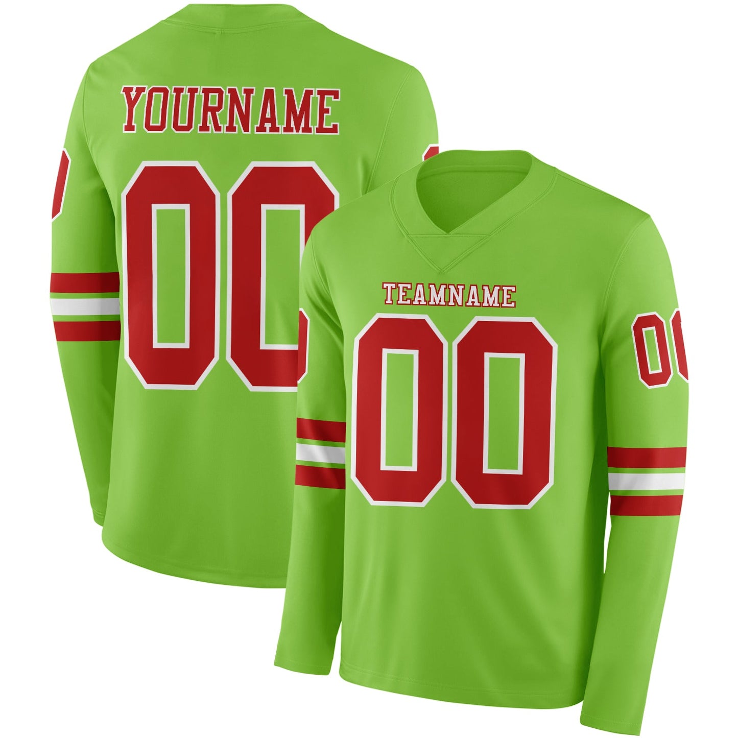 Custom Neon Green Red-White Long Sleeve Authentic Football Jersey - Main View