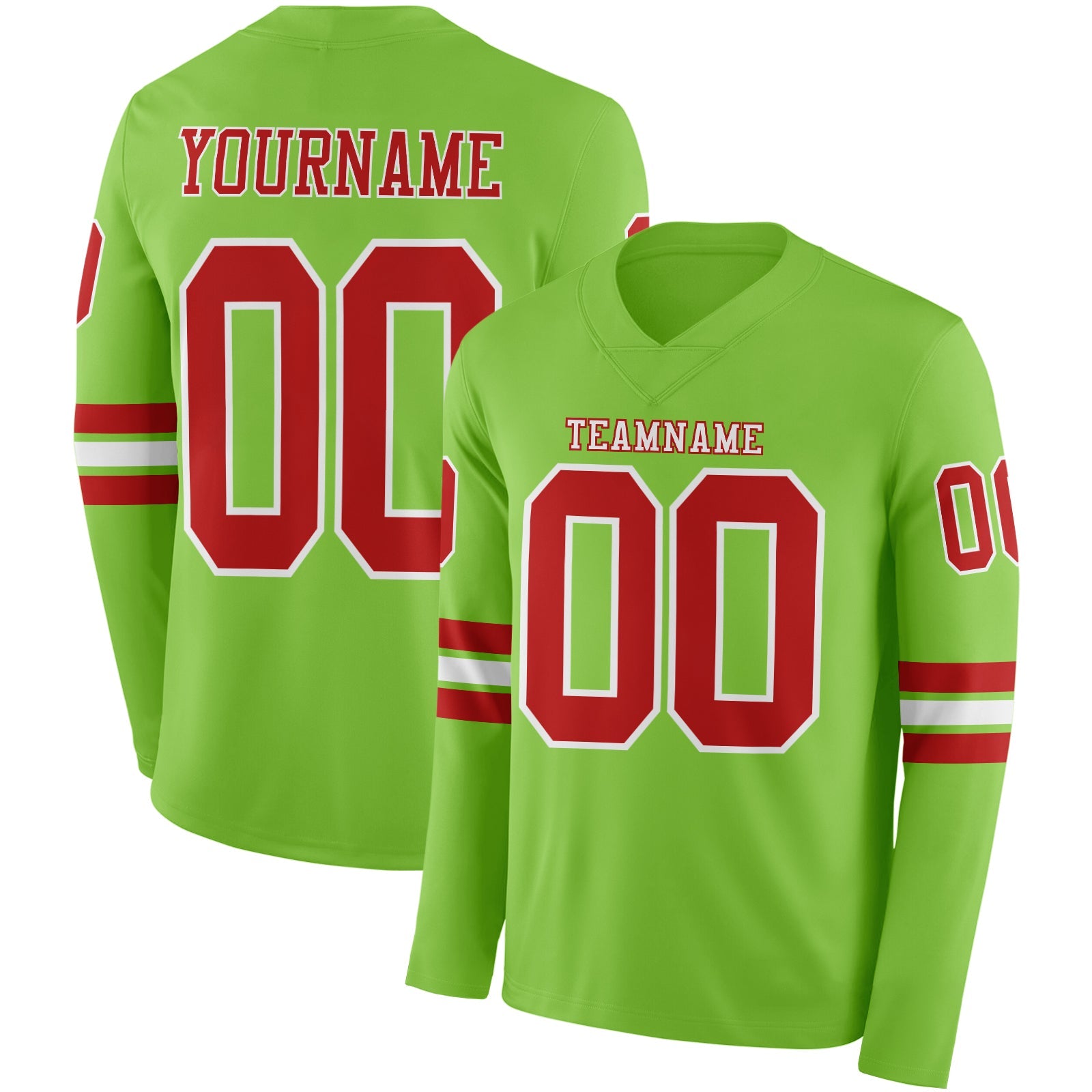 Custom Neon Green Red-White Long Sleeve Authentic Football Jersey - Main View