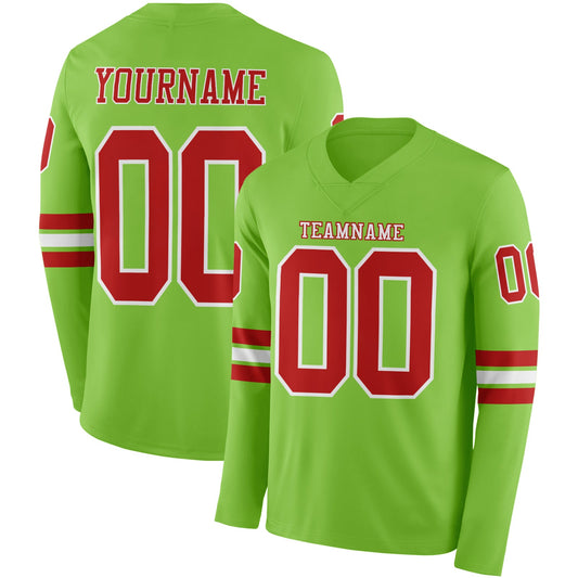 Custom Neon Green Red-White Long Sleeve Authentic Football Jersey - Main View