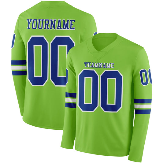 Custom Neon Green Royal-White Long Sleeve Authentic Football Jersey - Main View