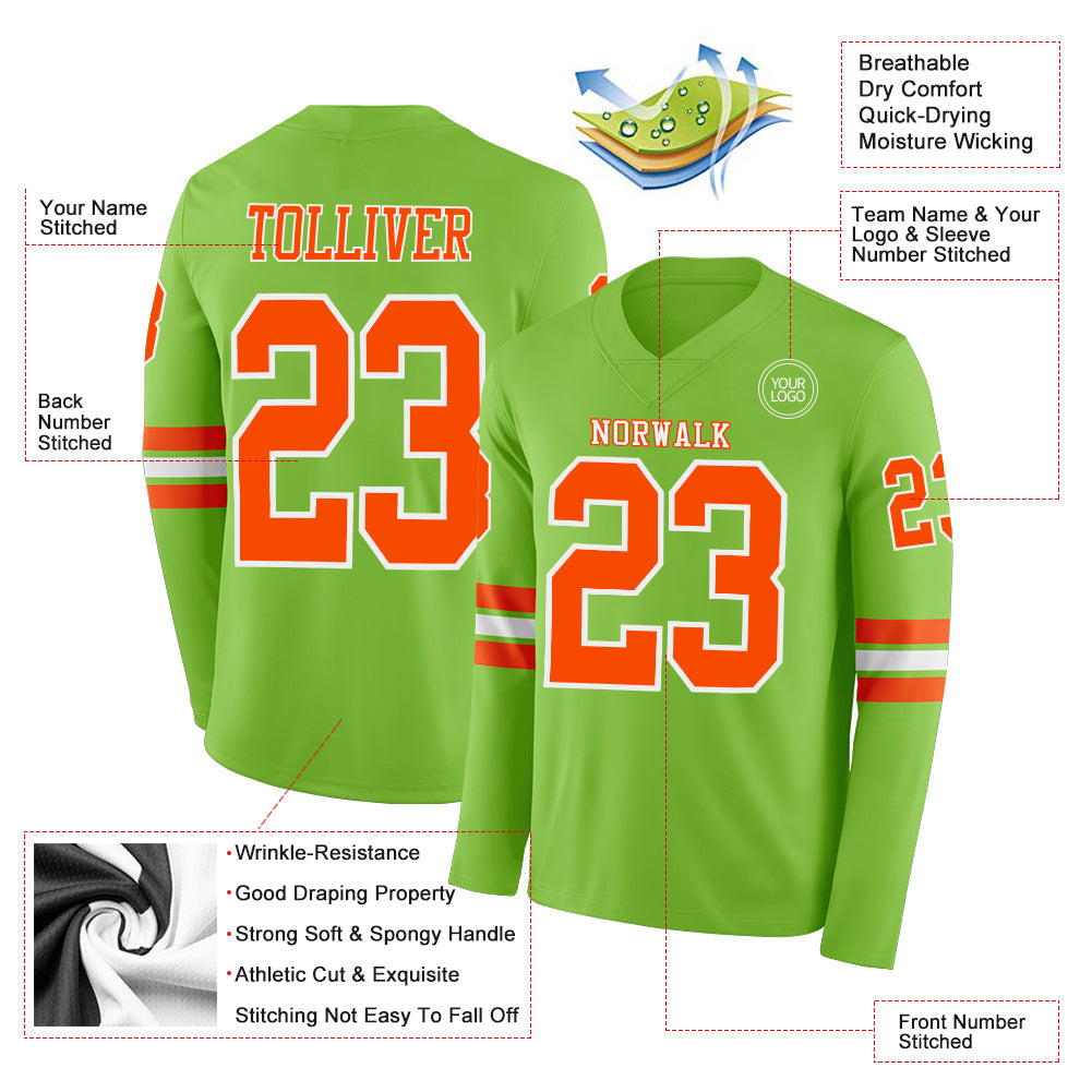 Custom Neon Green Orange-White Long Sleeve Authentic Football Jersey view 2