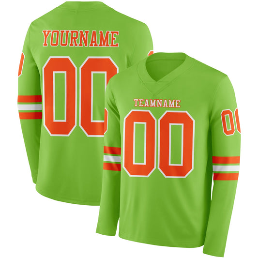 Custom Neon Green Orange-White Long Sleeve Authentic Football Jersey - Main View