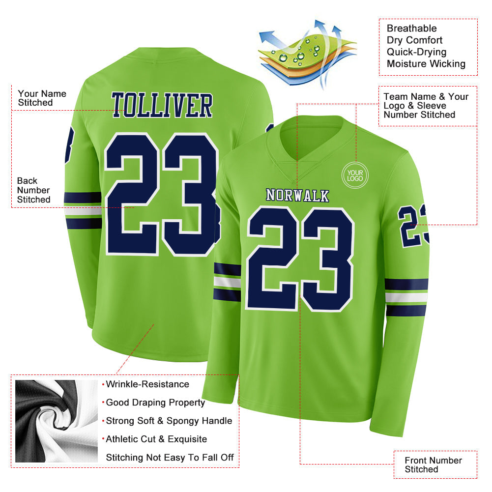 Custom Neon Green Navy-White Long Sleeve Authentic Football Jersey view 2