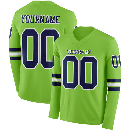 Custom Neon Green Navy-White Long Sleeve Authentic Football Jersey - Main View