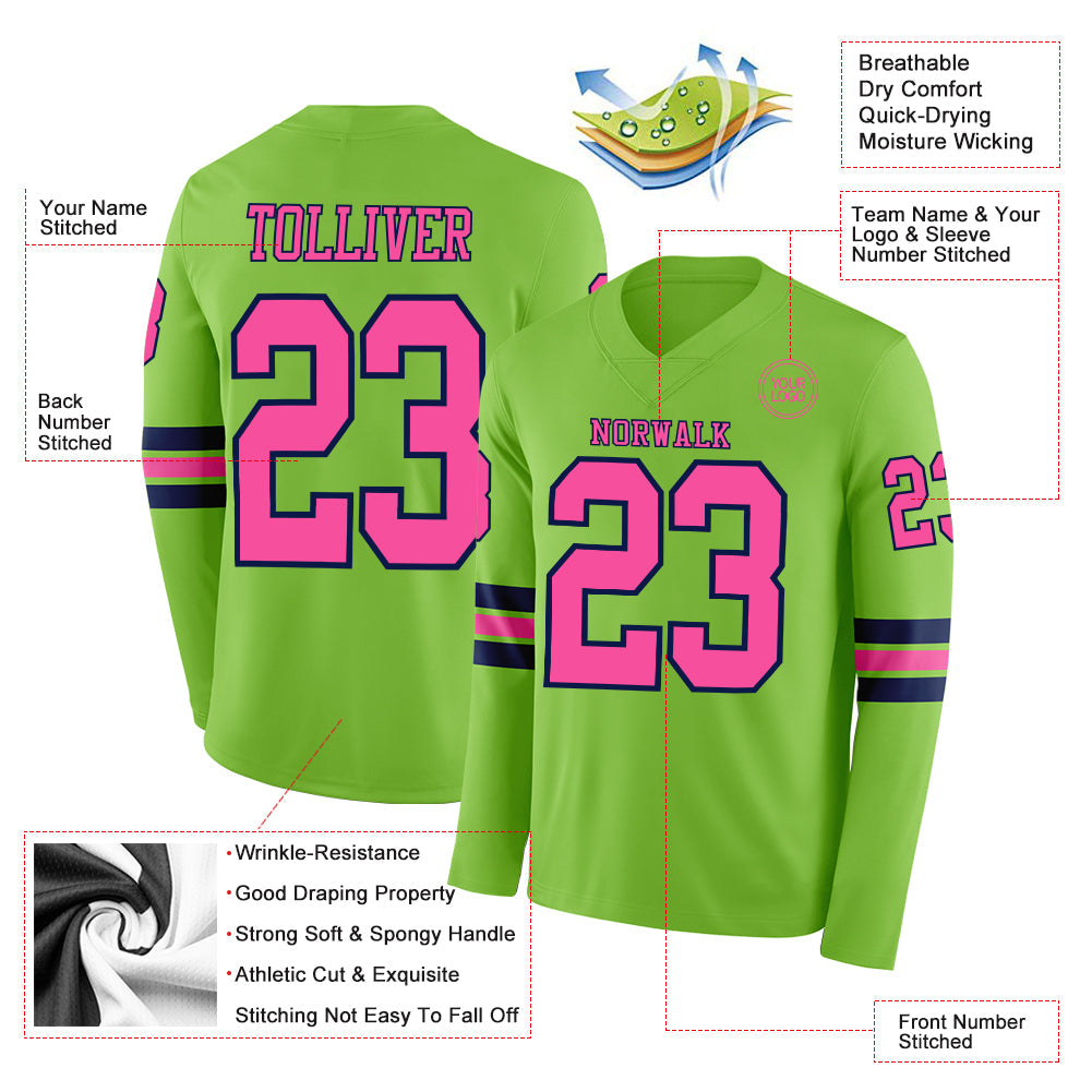 Custom Neon Green Pink-Navy Long Sleeve Authentic Football Jersey view 2