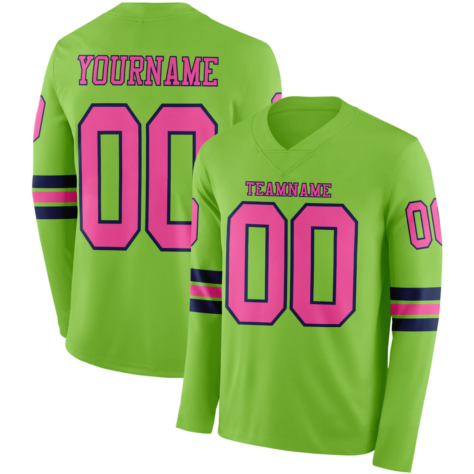 Custom Neon Green Pink-Navy Long Sleeve Authentic Football Jersey - Main View