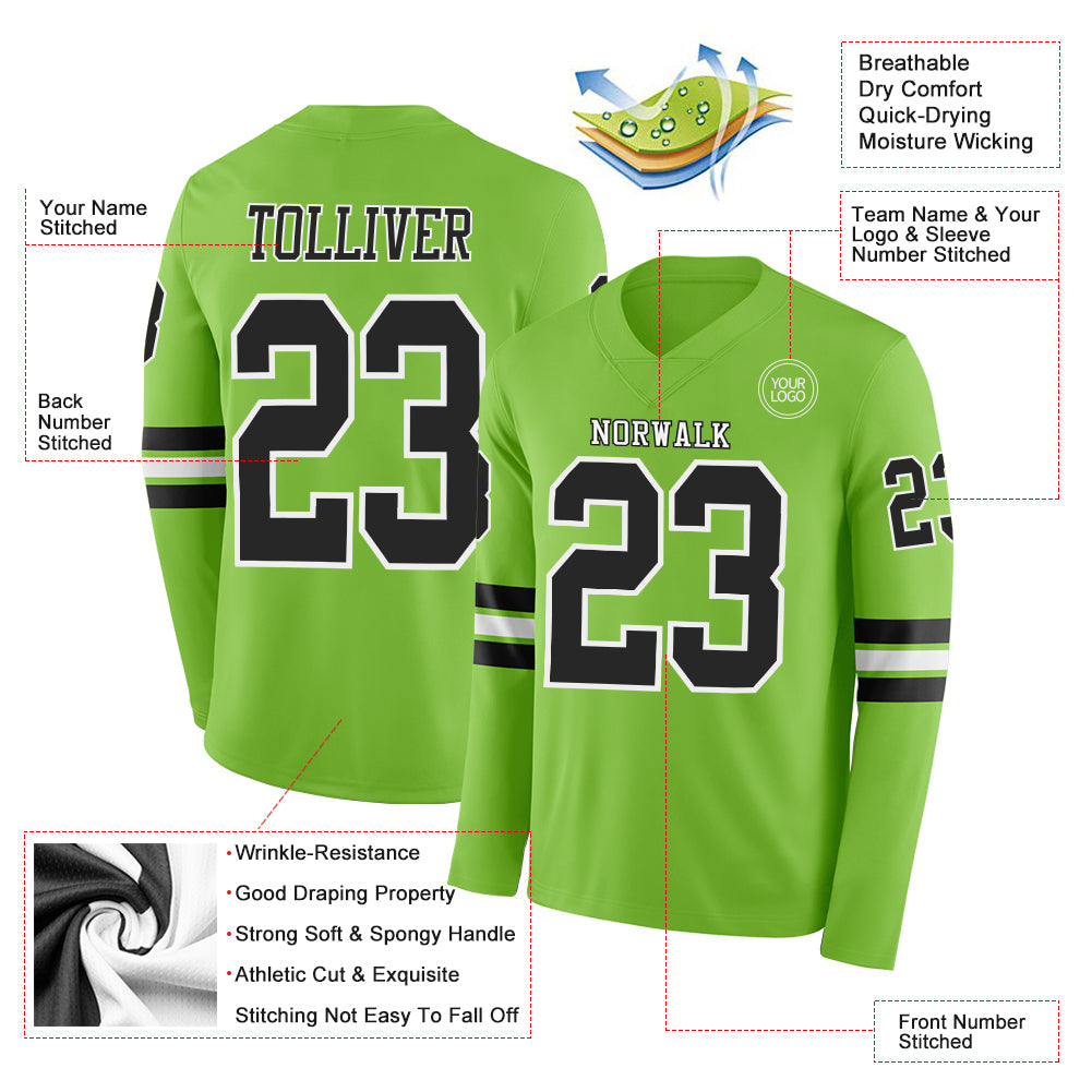 Custom Neon Green Black-White Long Sleeve Authentic Football Jersey view 2