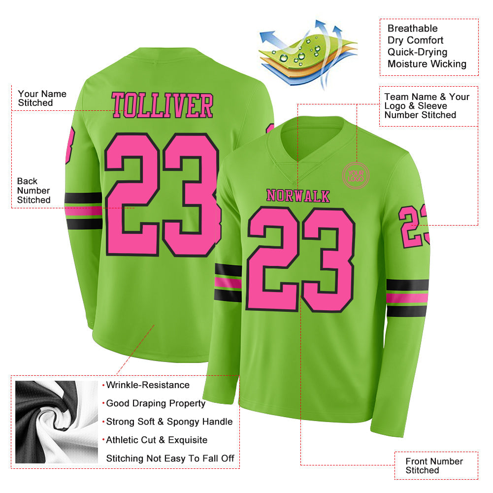Custom Neon Green Pink-Black Long Sleeve Authentic Football Jersey view 2