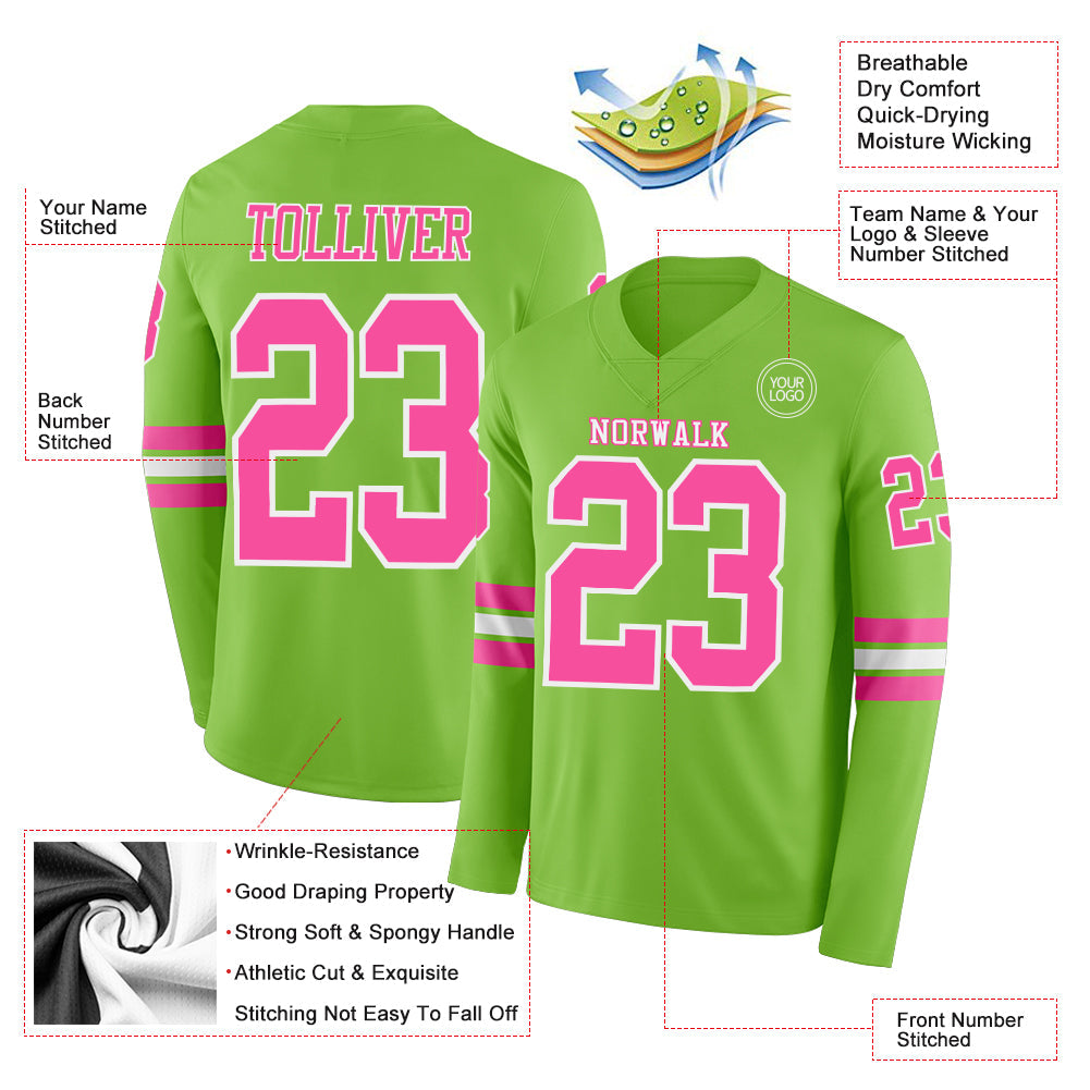 Custom Neon Green Pink-White Long Sleeve Authentic Football Jersey view 2