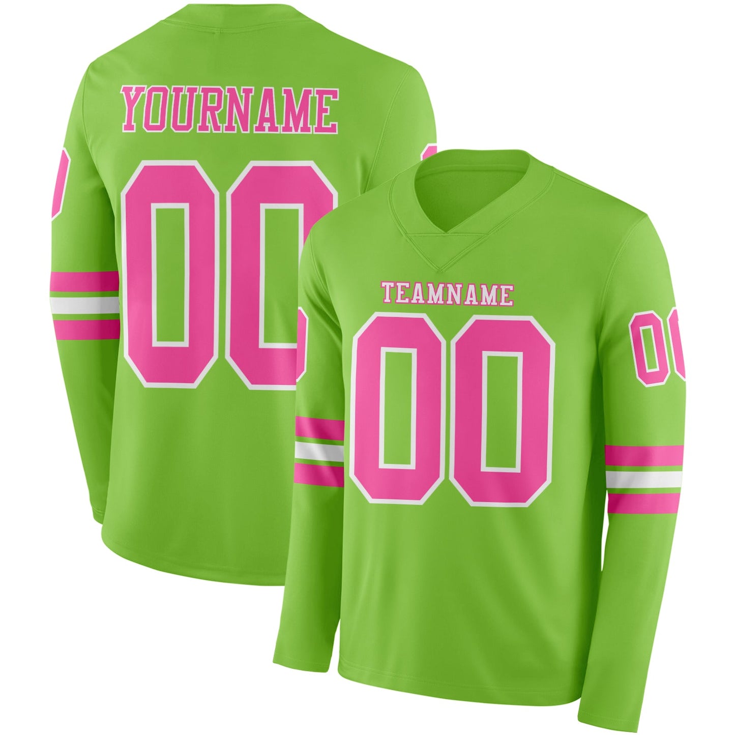 Custom Neon Green Pink-White Long Sleeve Authentic Football Jersey - Main View