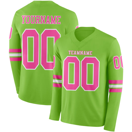 Custom Neon Green Pink-White Long Sleeve Authentic Football Jersey - Main View