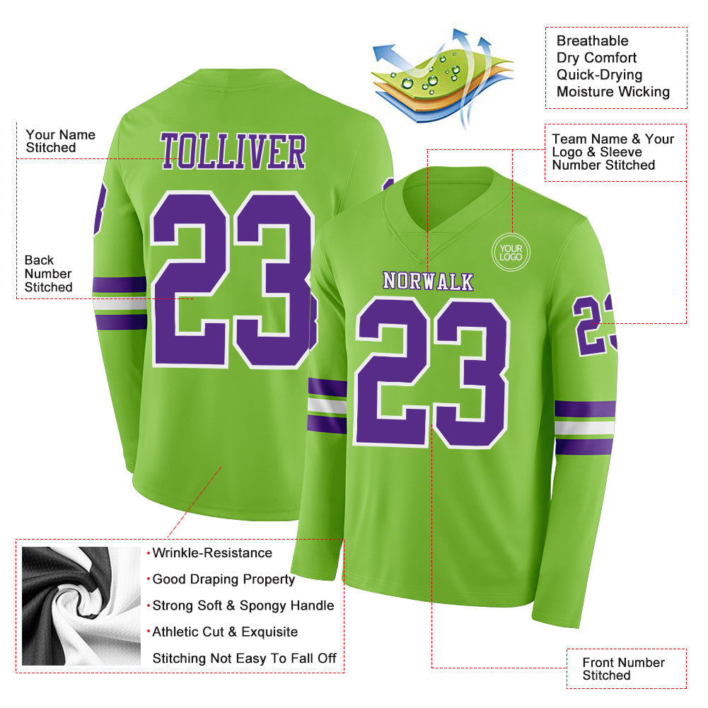 Custom Neon Green Purple-White Long Sleeve Authentic Football Jersey view 2