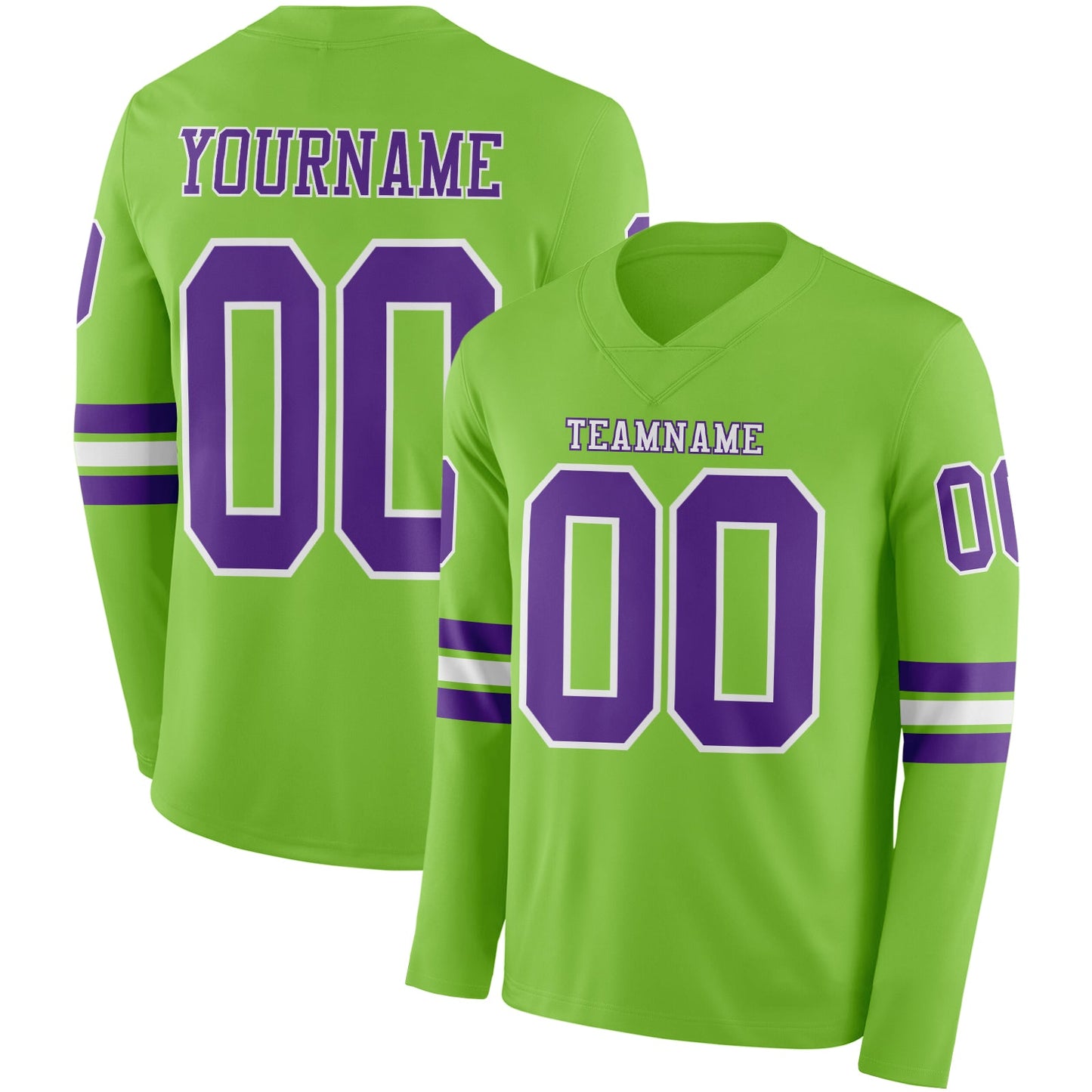 Custom Neon Green Purple-White Long Sleeve Authentic Football Jersey - Main View